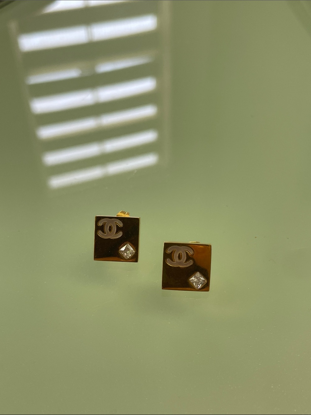 CHANEL Gold Square CC Logo Stud Earrings with Crystal